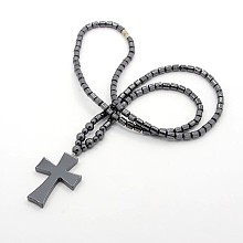 Honeyhandy Trendy Unisex Holly Jewelry Grade A Non-Magnetic Synthetic Hematite Beaded Cross Pendant Necklaces, with Alloy Screw Clasps, Black, 24.6 inch