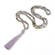 Honeyhandy Tassel Pendant Necklaces, with Natural Labradorite Beads, Buddha Head, 31.1 inch~33 inch(79~84cm)