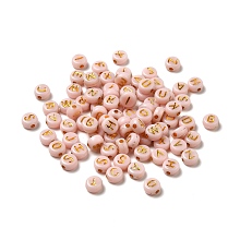 Plating Acrylic Beads, Golden Metal Enlaced, Horizontal Hole, Flat Round with Letter, Letter, 6.5~7x3.5~4mm, Hole: 1.6mm, about 3600g/500g