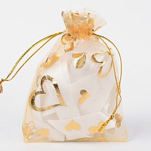 Honeyhandy Heart Printed Organza Bags, Gift Bags, Rectangle, Goldenrod, 12x10cm