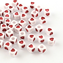 Honeyhandy Opaque Acrylic European Beads, Large Hole Cube Beads, with Heart Pattern, Red, 7x7x7mm, Hole: 4mm, about 1900pcs/500g