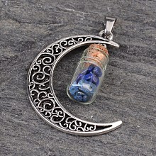 Honeyhandy Column Glass Bottle with Lapis Lazuli inside Pendants, with Moon Alloy Finding and 304 Stainless Steel Findings, 41x29x10mm, Hole: 7x4mm