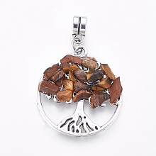 Honeyhandy Alloy European Dangle Charms, with Natural Tiger Eye Chips, Flat Round with Tree, Antique Silver, 38mm, Hole: 4mm, 28x25x4~5mm