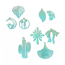 Spray Painted Alloy Charms, Flower & Leaf & Bowknot & Cactus & Moon, Medium Aquamarine, 21~44.5x15~33.5x1~2.5mm, Hole: 1.2~1.5mm, 18pcs/set