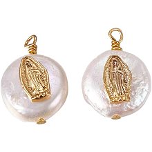 CHGCRAFT 10Pcs Natural Pearl Pendants Virgin Mary Shaped Charms with Cubic Zirconia and Brass Findings Flat Round Golden Tone Findings for DIY Jewelry Making