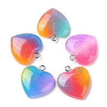 Honeyhandy Rainbow Color Opaque Resin Pendants, Glitter Heart Charms with Platinum Plated Iron Loops, Mixed Color, 22x20x5mm, Hole: 2mm