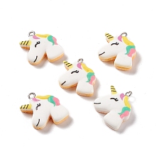 Honeyhandy Opaque Resin Unicorn Pendants, with Platinum Tone Iron Loops, Colorful, 22.5x19x6mm, Hole: 2mm