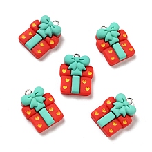 Honeyhandy Christmas Opaque Resin Pendants, with Platinum Tone Iron Loops, Gift Box Charm, Red, 24x19x8.5mm, Hole: 2x2.2mm