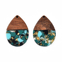 Honeyhandy Transparent Resin & Walnut Wood Pendants, with Gold Foil, Teardrop Charm, Teal, 36x24.5x3mm, Hole: 2mm