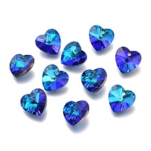 Honeyhandy Faceted Glass Charms, Heart, Back Plated, Blue, 14x14x7.5mm, Hole: 1.4mm