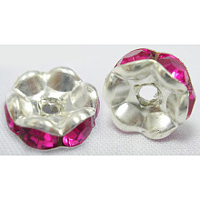 Honeyhandy Brass Rhinestone Spacer Beads, Grade A, Nickel Free, Rondelle, Silver Color Plated, Fuchsia, about 6mm in diameter, hole: about 1mm