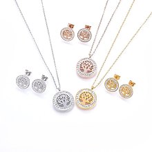 Honeyhandy 304 Stainless Steel Jewelry Sets, Pendant Necklaces and Stud Earrings, with Polymer Clay Rhinestone, Flat Round with Tree of Life, Mixed Color, 17.32 inch(44cm), 14x2mm, Pin: 0.8mm