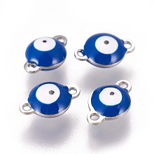 Honeyhandy 304 Stainless Steel Enamel Links connectors, Flat Round with Evil Eye, Stainless Steel Color, Marine Blue, 12x8x4mm, Hole: 1.4mm