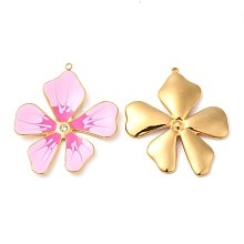 Honeyhandy 304 Stainless Steel Enamel Pendants, with Rhinestones, Real 18K Gold Plated, Flower Charm, Pearl Pink, 37.5x33x3mm, Hole: 1.4mm