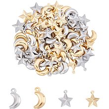 UNICRAFTALE About 80pcs Moon & Star Metal Charm Stainless Steel Charms 1mm Small Hole Golden & Stainless Steel Color Smooth Pendants for DIY Jewelry Making 15-16mm