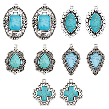 PandaHall Elite 10pcs Synthetic Turquoise Charms, 5 Styles Retro Cross Charms Stone Horse Eye Teardrop Flower Arrow Pendants Antique Silver Tibetan Pendants for Necklace Bracelet Jewelry Making