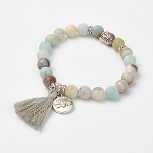 Honeyhandy Natural Flower Amazonite Beads Stretch Bracelets, with Brass & Alloy Findings & Tassel Pendants, Frosted, Round & Buddha Head, Burlap Packing, 2-1/8 inch(53mm)