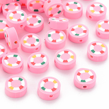 Honeyhandy Handmade Polymer Clay Beads, Flat Round with Swim Ring, Pearl Pink, 10x4mm, Hole: 1.6mm