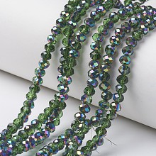 Honeyhandy Electroplate Transparent Glass Beads Strands, Half Multi-color Plated, Faceted, Rondelle, Olive Drab, 4x3mm, Hole: 0.4mm, about 145pcs/strand, 18.9 inch(48cm)