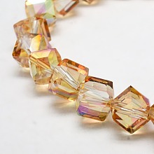 Honeyhandy Full Rainbow Plated Crystal Glass Cube Beads, Faceted, Dark Orange, 12.6x13.8x10~11mm, Hole: 1.8mm