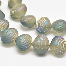 Honeyhandy Frosted Electroplate Glass Shell Beads Strands, for Beading Jewelry Making, Rainbow Plated, Yellow Green, 12x14.5x10mm, Hole: 1mm, about 32pcs/strand, 16 inch