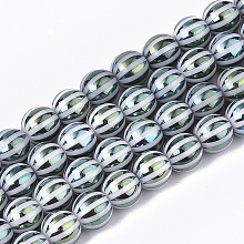 Arricraft Electroplate Glass Beads Strands, Round with Stripe, Cadet Blue, 8x7.5mm, Hole: 1.2mm; about 40pcs/strand, 11.8 inches