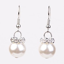 Honeyhandy Glass Pearl Beads Dangle Earrings, with Brass Rhinestone Spacer Beads and Brass Earring Hooks, Silver Color Plated, Beige, 35mm