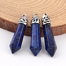 Honeyhandy Dyed Bullet Natural Lapis Lazuli Pendants, with Platinum Tone Alloy Findings, 33~40x8~10mm, Hole: 3x2mm