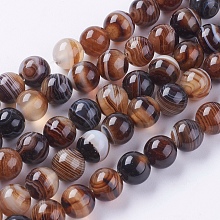 Honeyhandy Round Dyed Natural Striped Agate/Banded Agate Beads Strands, Camel, 8mm, Hole: 1mm, about 48pcs/strand, 15.2 inch