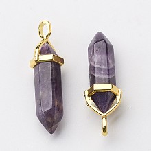 Honeyhandy Natural Amethyst Pointed Pendants, with Random Alloy Pendant Hexagon Bead Cap Bails, Golden, Bullet, 37~40x12.5x10mm, Hole: 3x4.5mm