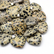 Honeyhandy Heart Natural Dalmatian Jasper Pendants, with Platinum Tone Brass Findings, 20~22x20~21x5~8mm, Hole: 2x7mm