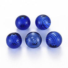 Honeyhandy Transparent Handmade Blown Glass Globe Beads, Stripe Pattern, Round, Blue, 12.5~13.5mm, Hole: 1~2mm