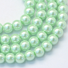 Honeyhandy Baking Painted Pearlized Glass Pearl Round Bead Strands, Pale Green, 6~7mm, Hole: 1mm, about 145pcs/strand, 31.4 inch