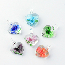 Honeyhandy Handmade Luminous Lampwork Pendants, with Inner Flower, Heart, Mixed Color, 27~33x21~23x9~11mm, Hole: 4~7mm