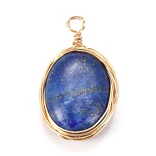 Honeyhandy Natural Lapis Lazuli Pendants, Wire Wrapped Pendants, with Light Gold Plated Eco-Friendly Copper Wire, Oval, Dyed, 21~24x13~14x6~6.5mm, Hole: 1.5~2.5mm