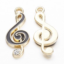 Honeyhandy Alloy Enamel Pendants, with Rhinestone, Musical Note, Golden, 22x9.5x2mm, Hole: 1.5mm