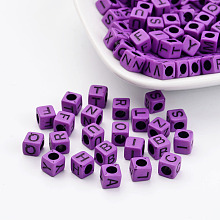 Honeyhandy Mixed Letters Opaque Acrylic Cube Beads, Horizontal Hole, Medium Orchid, 6x6x6mm, Hole: 3mm