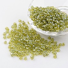 Honeyhandy Round Glass Seed Beads, Trans. Colours Lustered, Yellow Green, Size: about 4mm in diameter, hole: 1.5mm, about 496pcs/50g