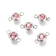 Honeyhandy 304 Stainless Steel Rhinestone Links Connectors, Flat Round, Stainless Steel Color, Light Rose, 12x6.5x4mm, Hole: 2mm