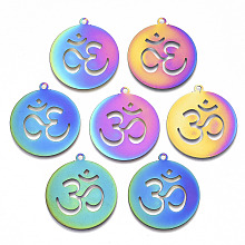 Honeyhandy Ion Plating(IP) 201 Stainless Steel Pendants, Etched Metal Embellishments, Flat Round with Aum/Om Symbol, Rainbow Color, 33x30x0.3mm, Hole: 2mm