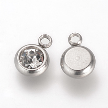 Honeyhandy 201 Stainless Steel Rhinestone Charms, Flat Round, Crystal, 8.5x6x3mm, Hole: 1.5mm