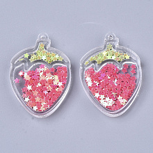 Honeyhandy Transparent Acrylic Pendants, with Pailette/Sequins Inside, Strawberry, Hot Pink, 43.5x30x5.5mm, Hole: 1.8mm