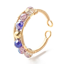 Honeyhandy Electroplate Faceted Glass Beads Cuff Ring for Teen Girl Women, Copper Wire Wrap Open Ring, Golden, Indigo, US Size 7 1/4~8 1/2(17.5~18.5mm)