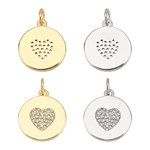 BENECREAT 4Pcs 18K Gold Plated Platinum Plated Flat Round Heart ZIrconia Pendants, Brass Pave Charms for Bracelet Necklace Jewelry Making, Valentine's Gift, 2 Colors