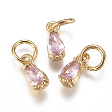 Honeyhandy Brass Micro Pave Cubic Zirconia Charms, with Jump Ring, Long-Lasting Plated, Real 18K Gold Plated, Faceted, Teardrop, Pink, 8x3x3mm, Hole: 3mm