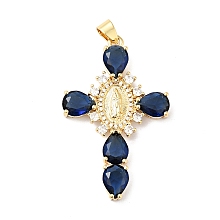 Honeyhandy Rack Plating Brass Micro Pave Cubic Zirconia Pendants, Cadmium Free & Lead Free, Real 18K Gold Plated, Cross with Saint, Medium Blue, 45.5x29x6mm, Hole: 4x6mm