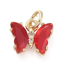 Honeyhandy Brass Micro Pave Clear Cubic Zirconia Pendant, with Glass, Butterfly, Golden, Red, 12.5mm