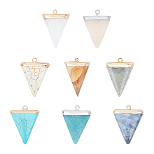 NBEADS Electroplate Natural & Synthetic Mixed Gemstones Pendants, Top Plated, with Iron Loops, Triangle, 30~34x23x5~5.5mm, Hole: 1.6mm; 8materials, 1pc/material, 8pcs/box