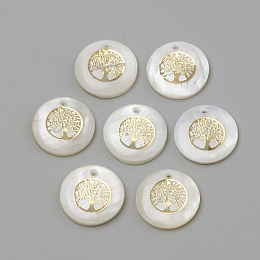 Honeyhandy Freshwater Shell Pendants, Flat Round & Tree, Golden, 16x3.5~4mm, Hole: 1.2mm