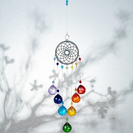 Honeyhandy Crystals Chandelier Suncatchers Prisms Chakra Hanging Pendant, with Iron Cable Chains & Links, Glass Beads and Rhinestone, Flower, Platinum, 445mm